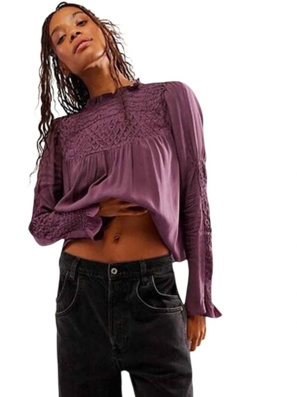Free People Plum Lace-Yoke Long Sleeve Blouse